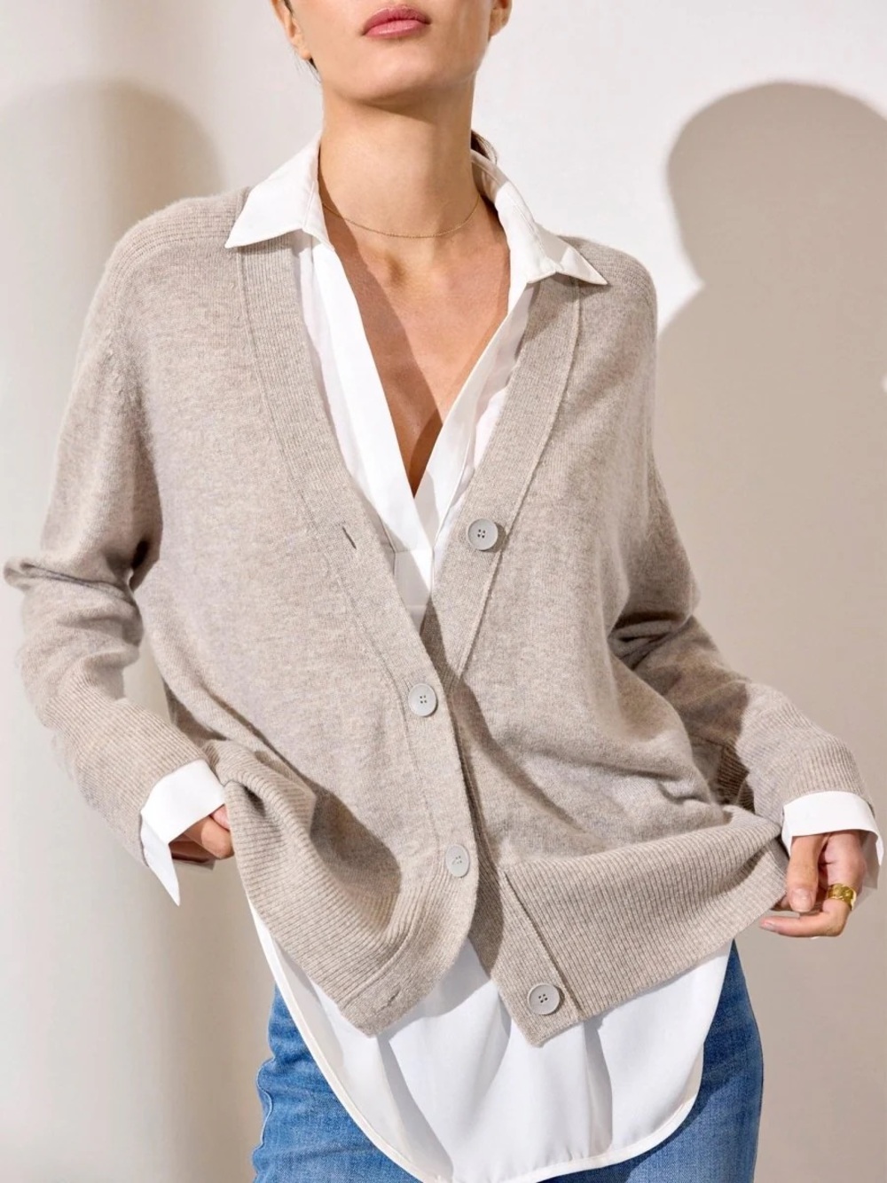 Brochu Walker Layered Look Cardigan Blouse Combo | Size M | Neutral Beige